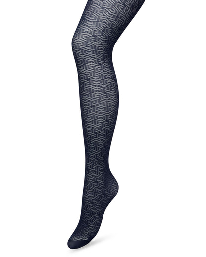 Bonnie Doon BP221911 Eclectic Graphic Tights - Semi-sheer navy fashion tights with a woven opaque linear geometric style pattern, flat seams, deep waist and gusset.