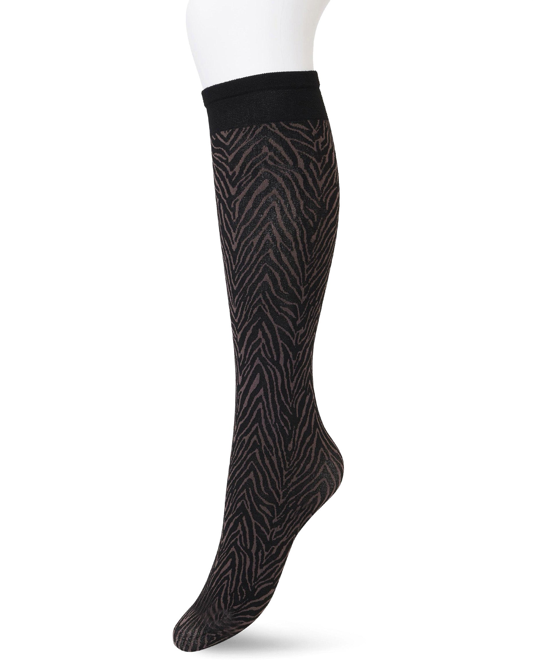 Bonnie Doon BP211509 Minotauro Knee-highs - Black opaque fashion knee-high socks with a linear zebra style pattern in brown.