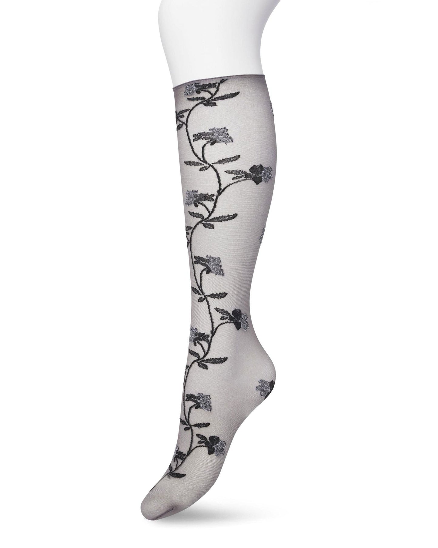 Bonnie Doon BP211510 Misty Flower Knee-high Castlerock - Sheer grey fashion knee-high socks with a woven floral vine style pattern in black and white and deep black comfort cuff with a scalloped edge.