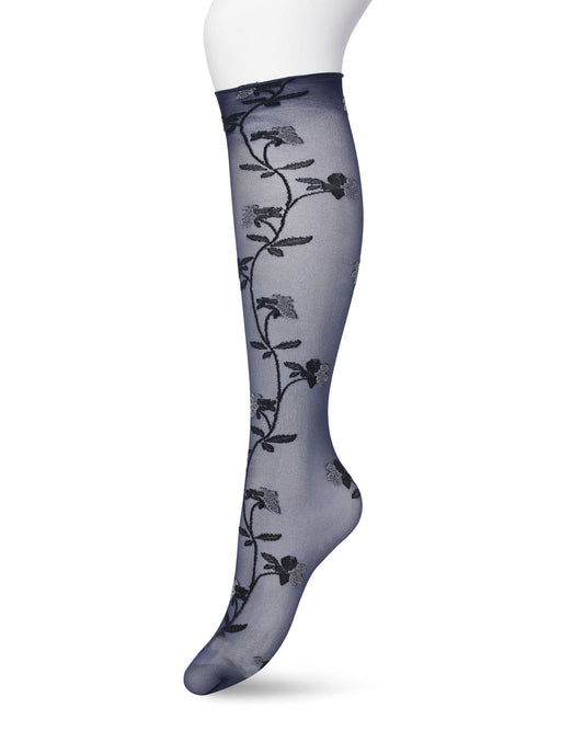 Bonnie Doon BP211510 Misty Flower Knee-high Black Iris - Sheer navy fashion knee-high socks with a woven floral vine style pattern in black and white and deep black comfort cuff with a scalloped edge.