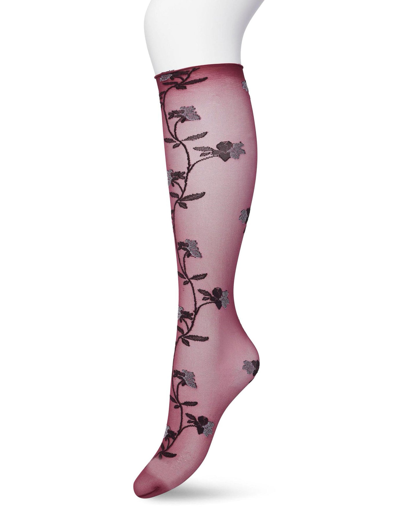 Bonnie Doon BP211510 Misty Flower Knee-high Rhododendron - Sheer red wine fashion knee-high socks with a woven floral vine style pattern in black and white and deep black comfort cuff with a scalloped edge.