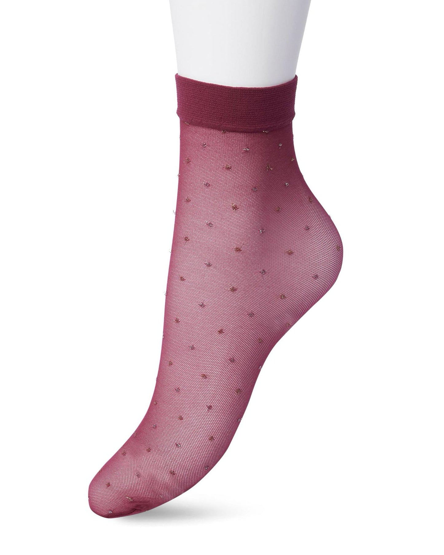 Bonnie Doon BP211115 Lurex Party Sock - Wine (rhododendron) micro tulle effect fashion ankle socks with a woven metallic gold and silver spot pattern.