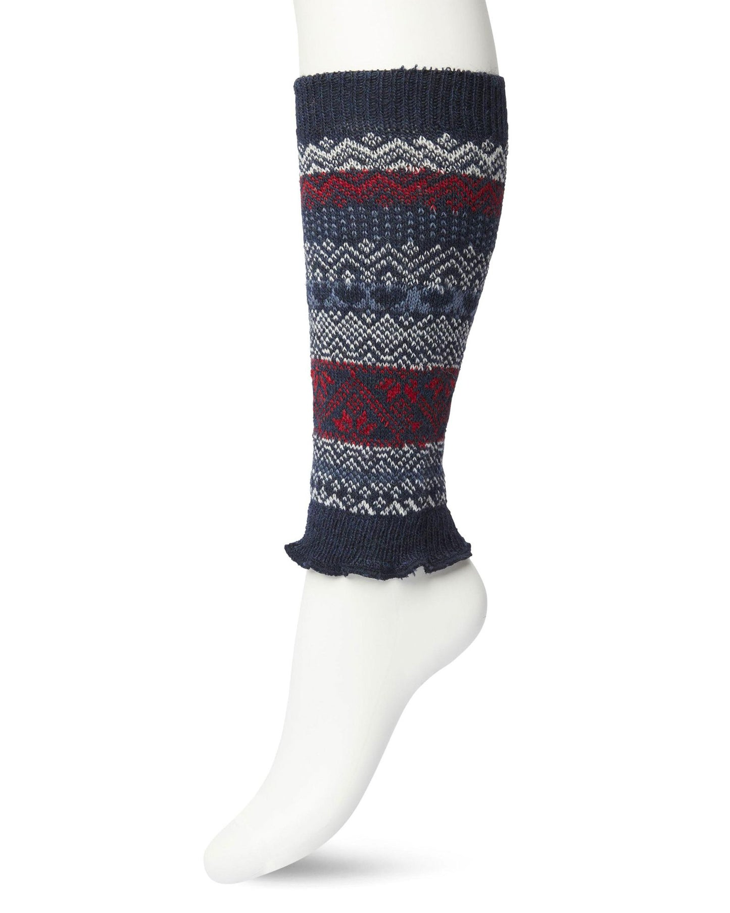 Bonnie Doon BP051729 Folkloric Legwarmers - Navy, blue, dark red and white warm and soft knee length knitted leg-warmers with a fairisle style pattern, elasticated cuff and frill edge.