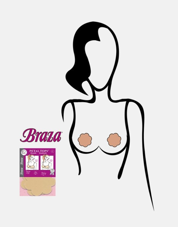 Braza Reusable Petal Tops - Nude sticky Nipple Covers / Pasties. Perfect for swimming, running as they are waterproof. Packaging.