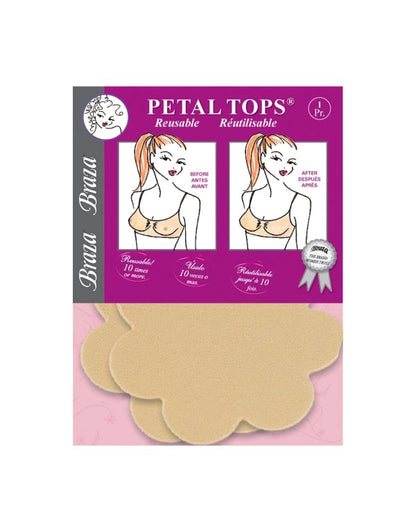 Braza Reusable Petal Tops - Nude sticky Nipple Covers / Pasties. Perfect for swimming, running as they are waterproof. Packaging