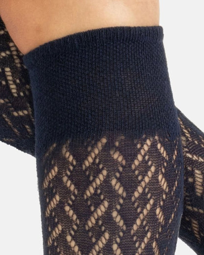 Calzitaly Chevron Knee-highs - Navy blue knitted knee-high socks with an openwork cable style pattern, plain elasticated cuff and plain toe. Cuff detail.