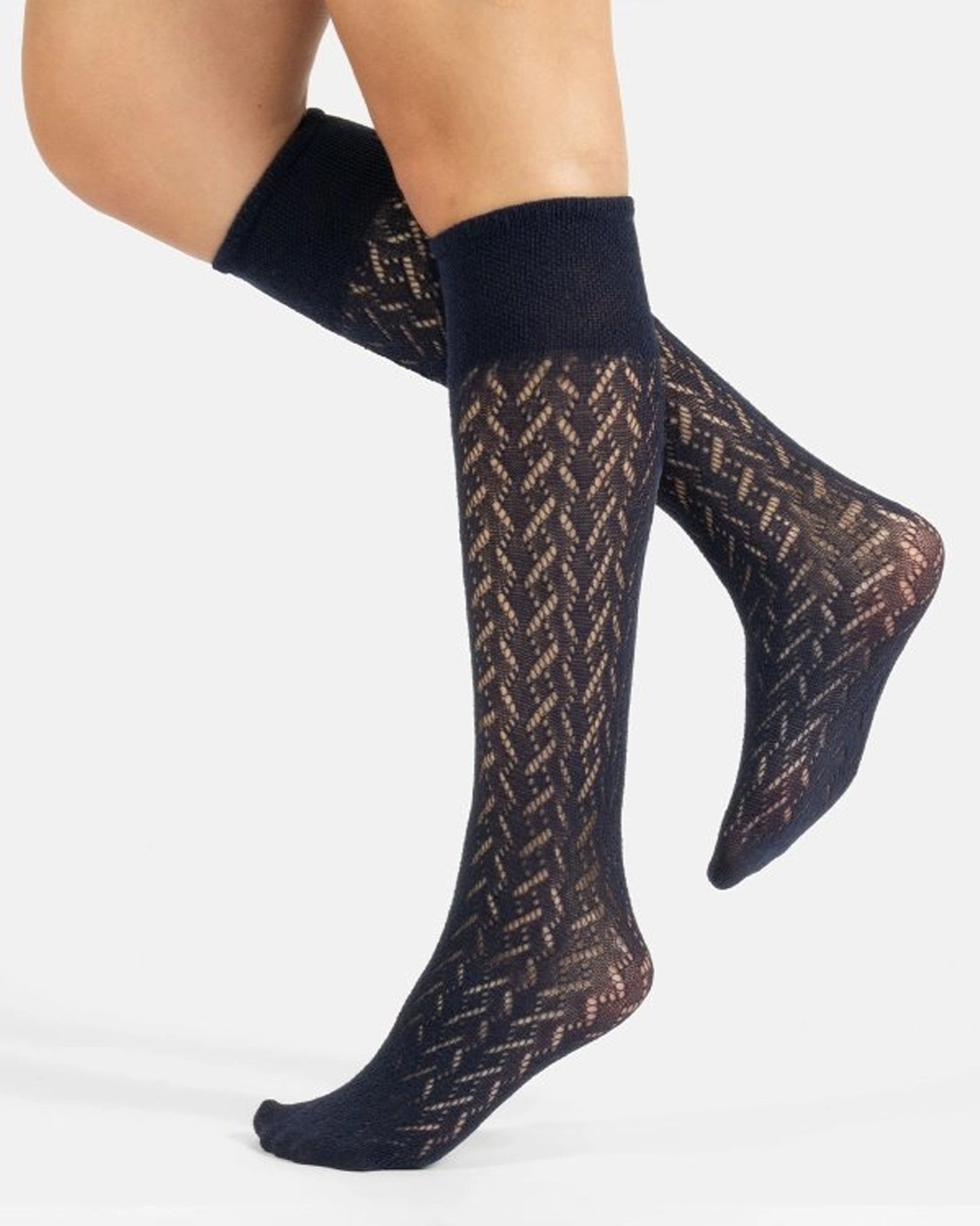 Calzitaly Chevron Knee-highs - Navy blue knitted knee-high socks with an openwork cable style pattern, plain elasticated cuff and plain toe. 