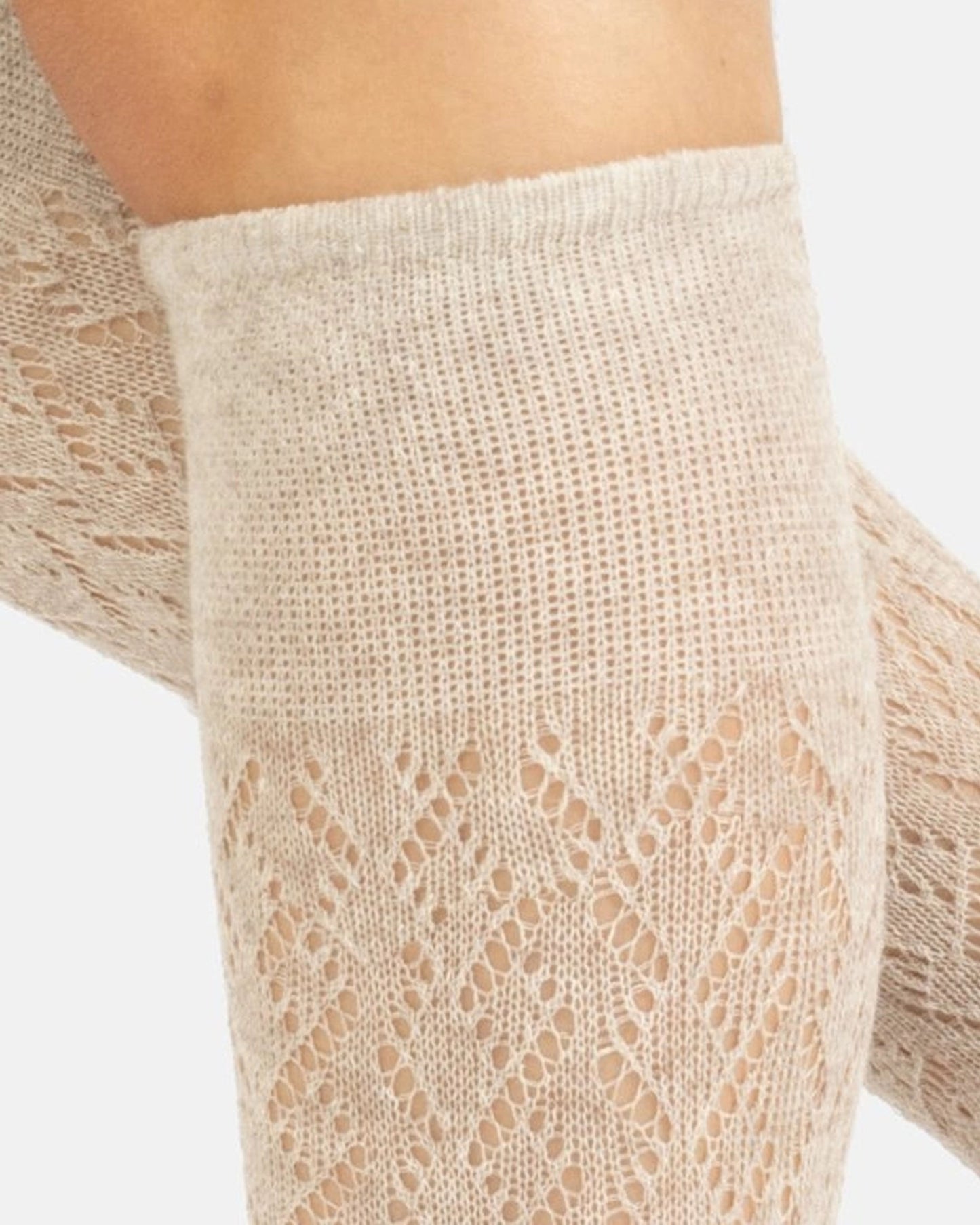 Calzitaly Chevron Knee-highs - Light beige oat knitted knee-high socks with an openwork cable style pattern, plain elasticated cuff and plain toe. Cuff detail.