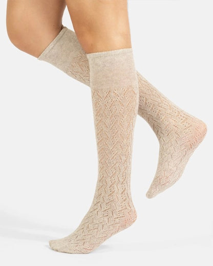 Calzitaly Chevron Knee-highs - Light beige oat knitted knee-high socks with an openwork cable style pattern, plain elasticated cuff and plain toe.