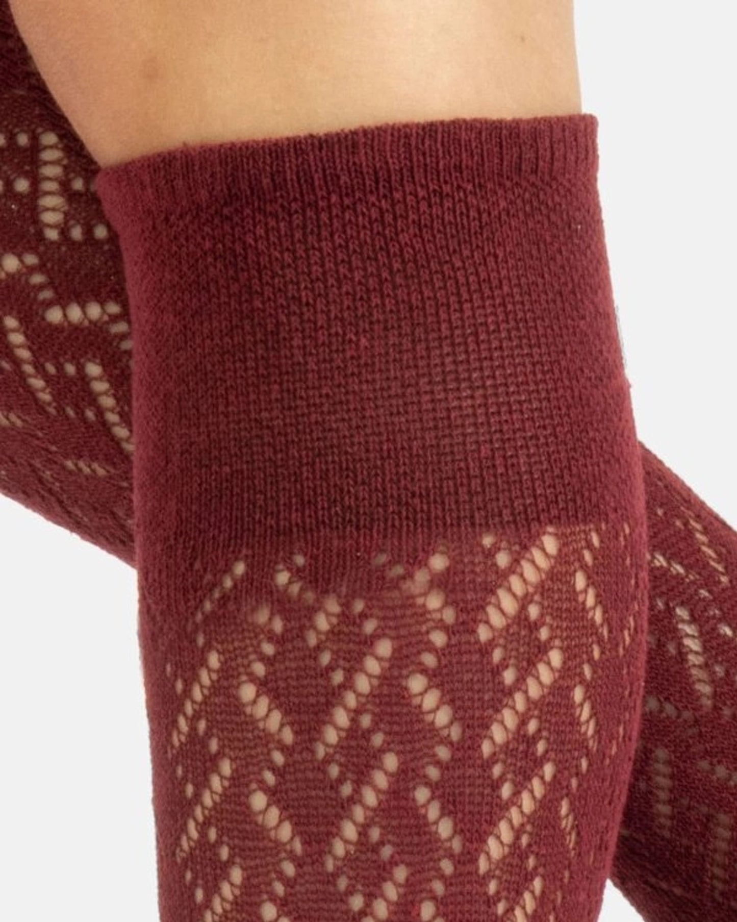 Calzitaly Chevron Knee-highs - Maroon, wine, burgundy knitted knee-high socks with an openwork cable style pattern, plain elasticated cuff and plain toe. Cuff detail.