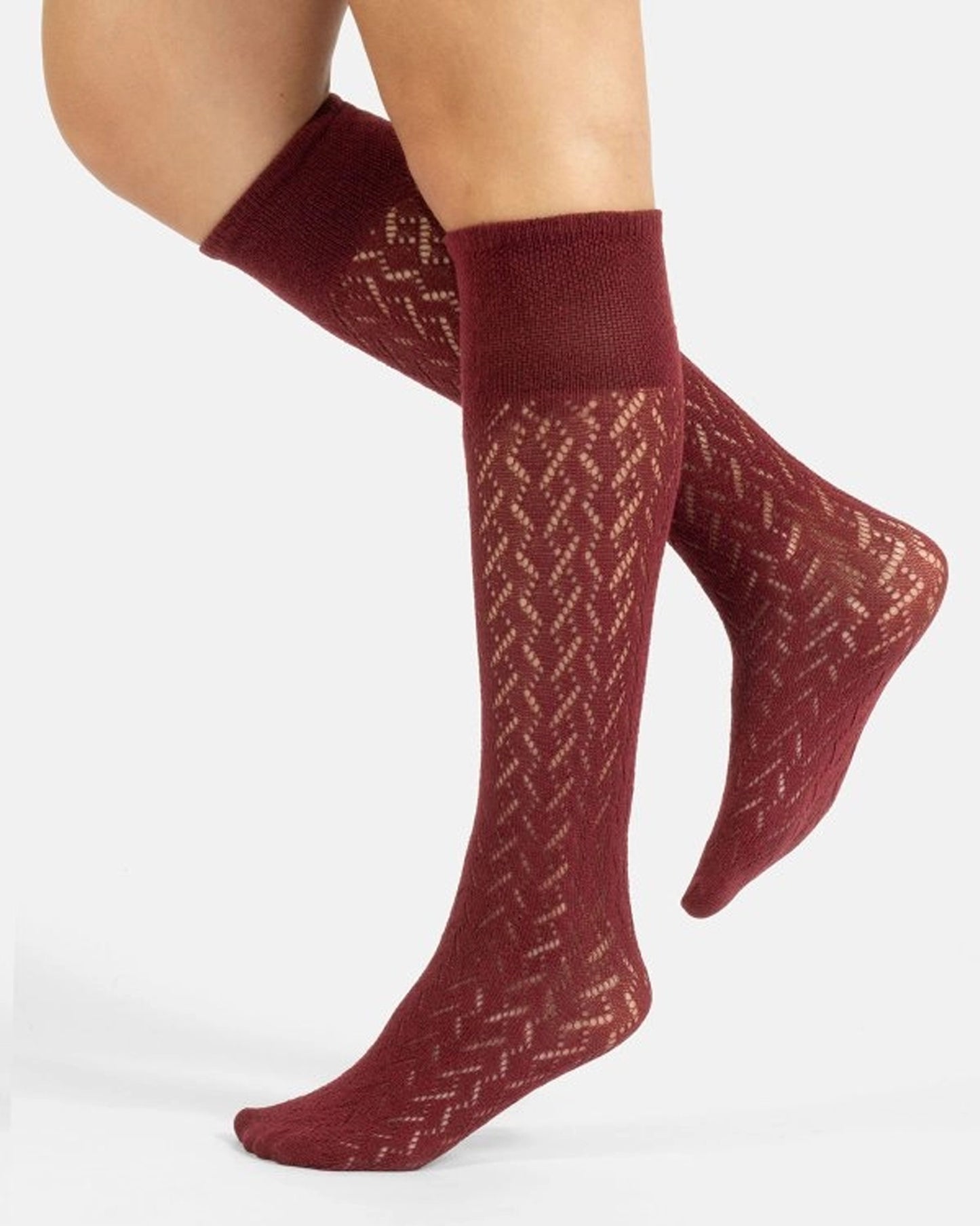 Calzitaly Chevron Knee-highs - Maroon, wine, burgundy knitted knee-high socks with an openwork cable style pattern, plain elasticated cuff and plain toe.