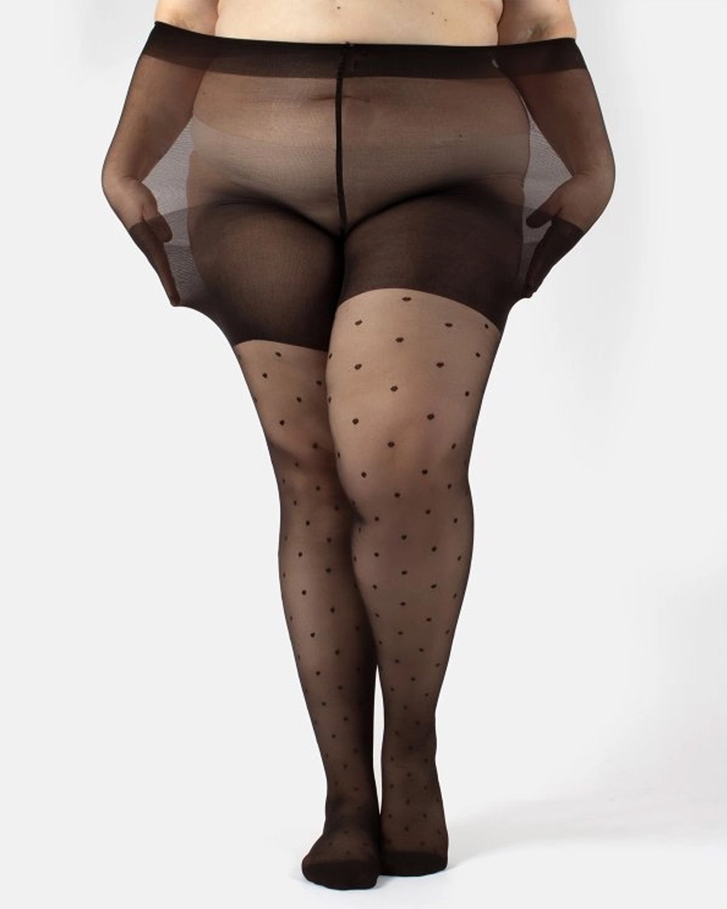 Calzitaly Curvy Polka Dot Tights - Sheer black curvy fashion plus size tights with a woven polka dot pattern. These tights are super stretchy making them fit well and comfortable with anti-chafing panels on the thighs, boxer brief, cotton gusset and flat seams.