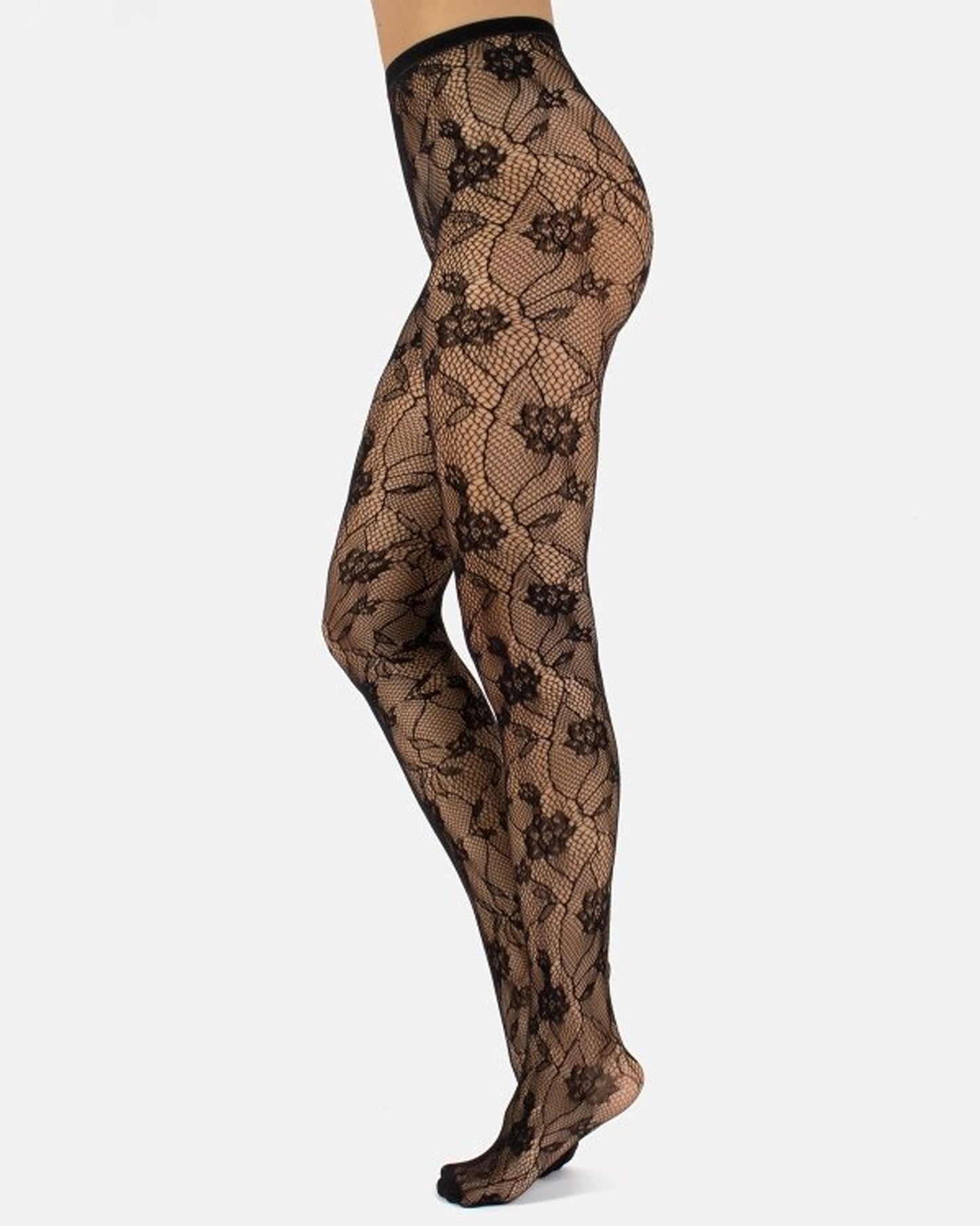 Calzitaly Fishnet Floral Lace Tights - Eco-friendly recycled nylon openwork black floral fishnet lace style seamless tights with reinforced micro mesh toe.