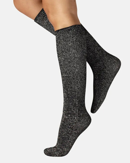 Calzitaly Glitter Rib Sock - Black opaque knee-high fashion ribbed socks with silver lamé