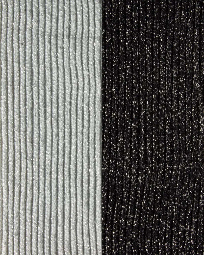 swatch of silver grey and black with silver lurex ribbed socks