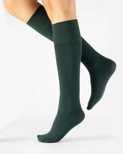 Calzitaly Cotton Knee-high Socks - Dark green soft matte opaque light cotton knee-high socks with a deep elasticated cuff.