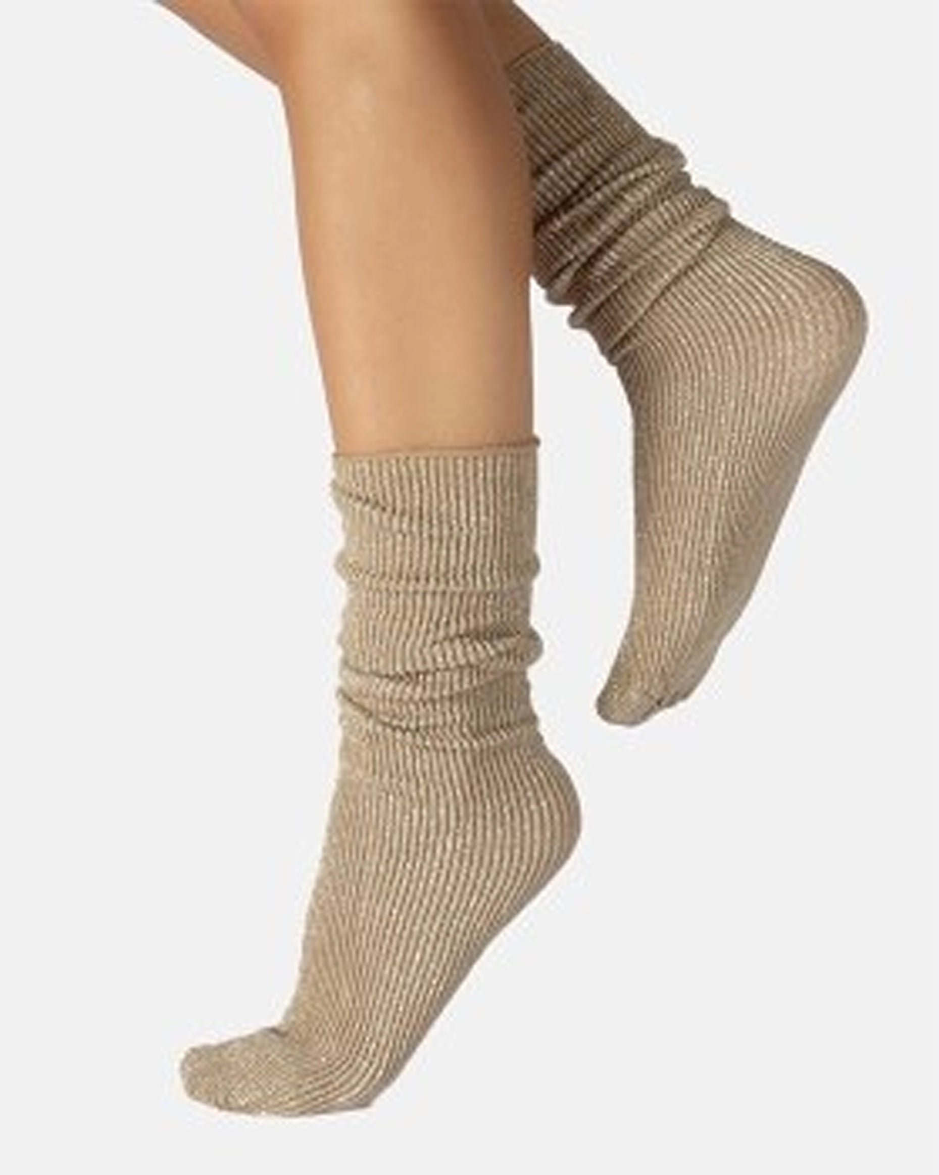 Calzitaly Glitter Rib Sock - Beige opaque scrunched down ankle fashion ribbed socks with silver lamé