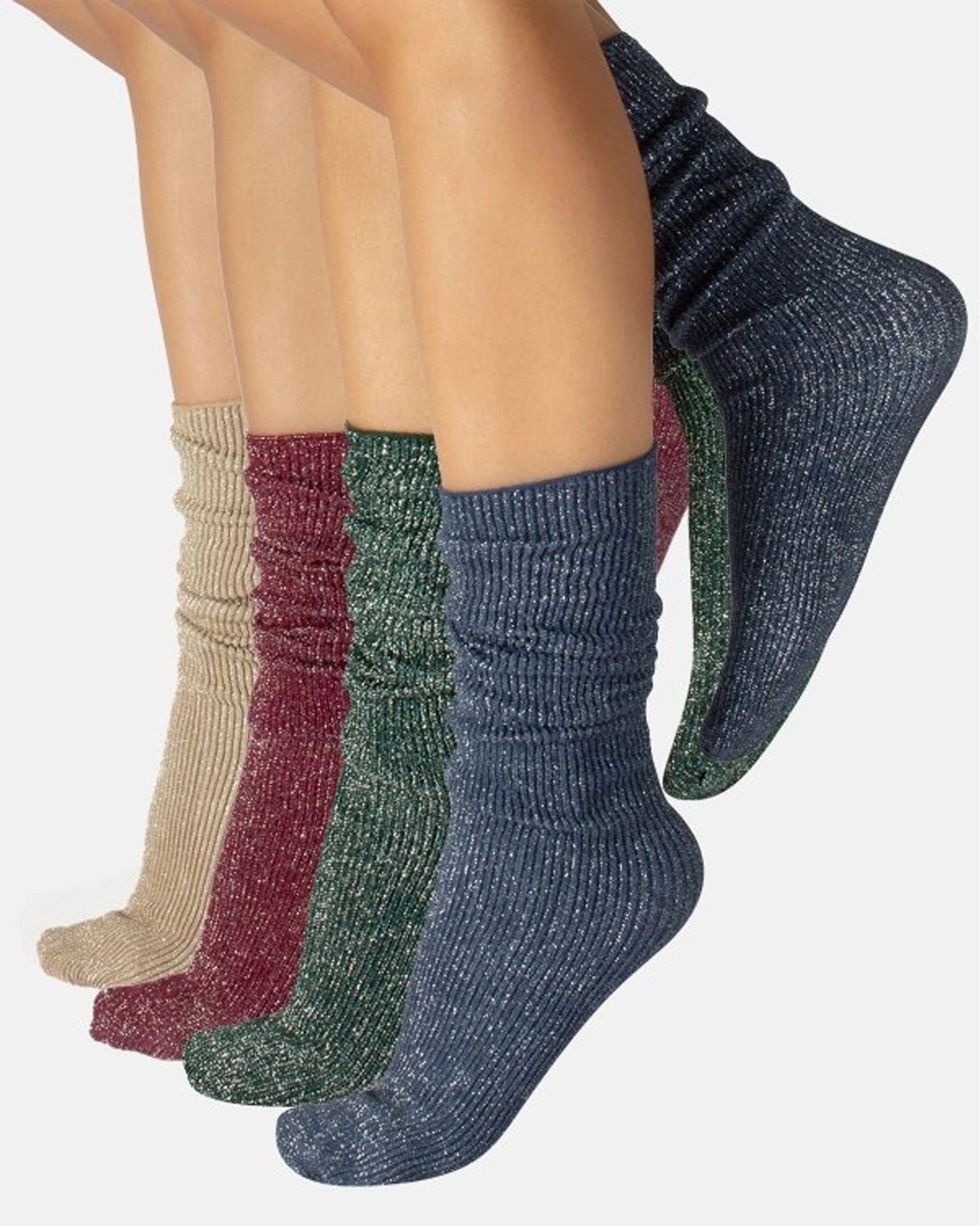 Calzitaly Glitter Rib Sock - opaque scrunched down ankle fashion ribbed socks with silver lamé in beige, wine, dark green & denim blue.