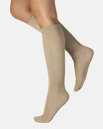 Calzitaly Glitter Rib Sock - Beige opaque knee-high fashion ribbed socks with silver lamé