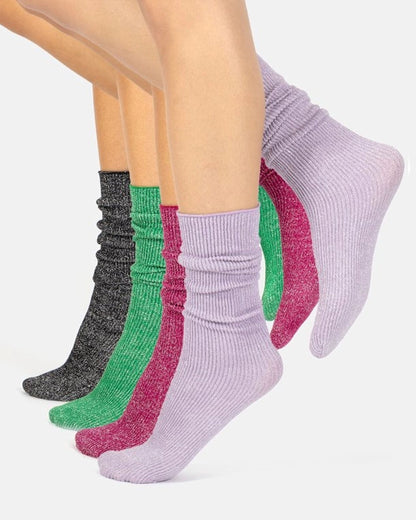 Calzitaly Glitter Rib Sock - opaque scrunched down ankle fashion ribbed socks with silver lamé in black, green, pink & lilac