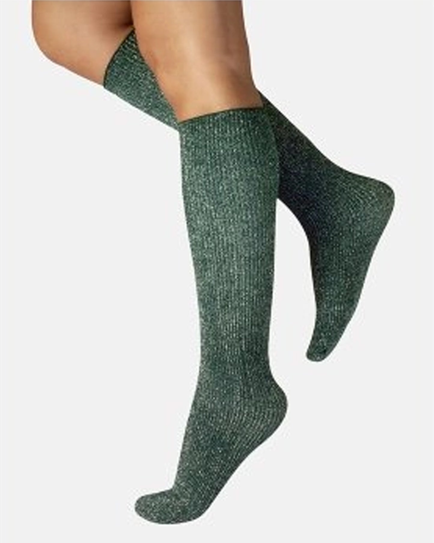 Calzitaly Glitter Rib Sock - Dark green opaque knee-high fashion ribbed socks with silver lamé