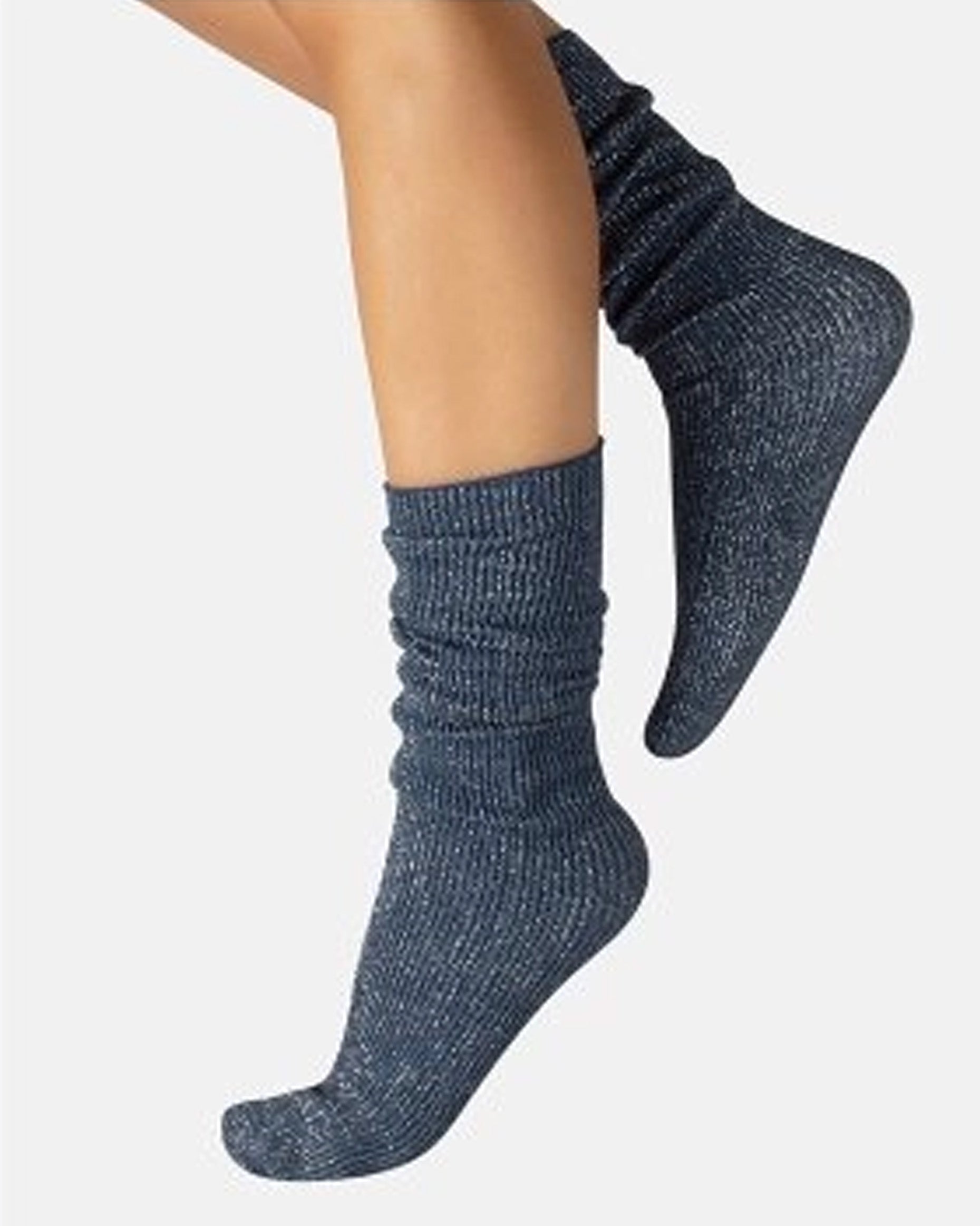 Calzitaly Glitter Rib Sock - Denim blue opaque scrunched down ankle fashion ribbed socks with silver lamé