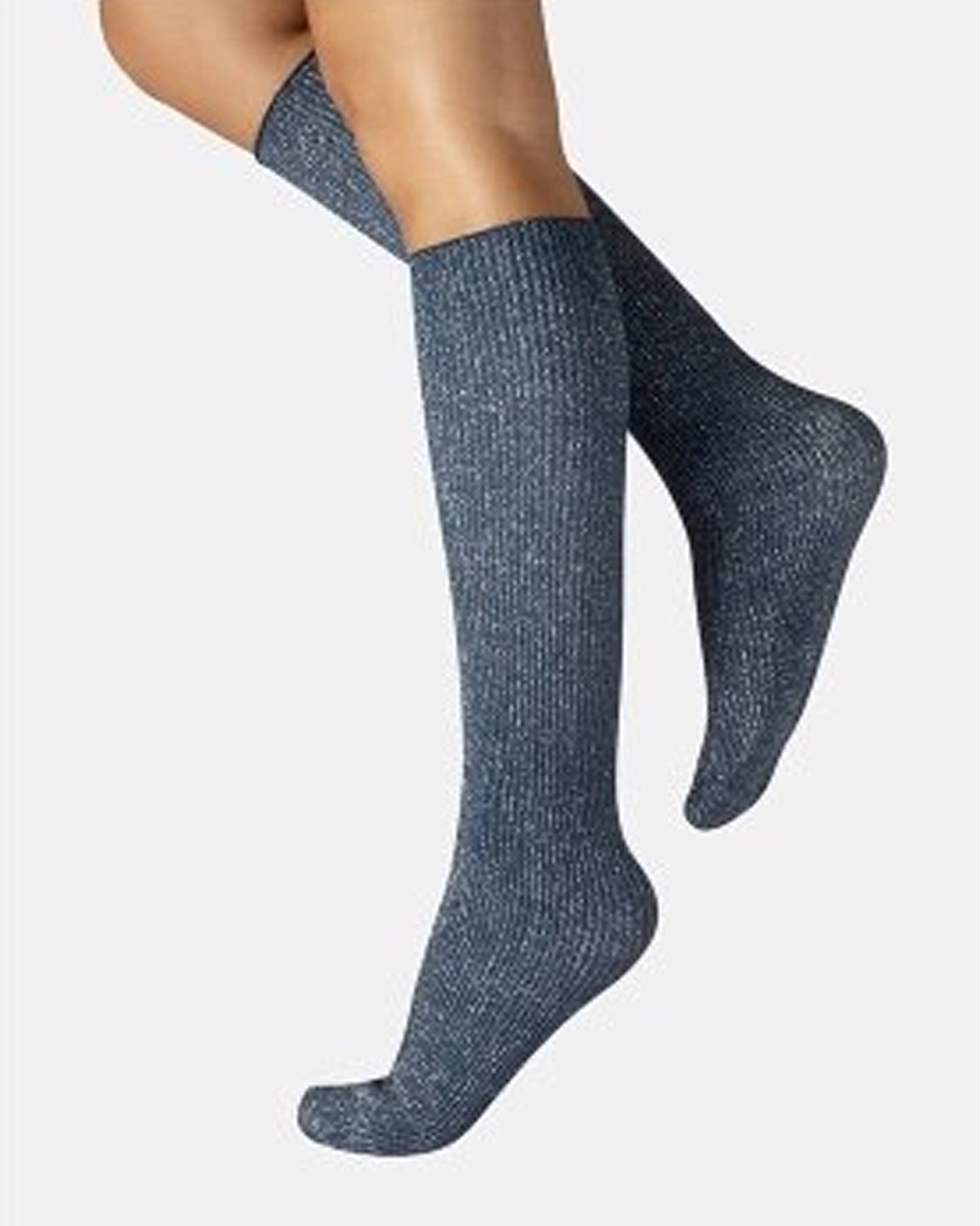 Calzitaly Glitter Rib Sock - Denim blue opaque knee-high fashion ribbed socks with silver lamé