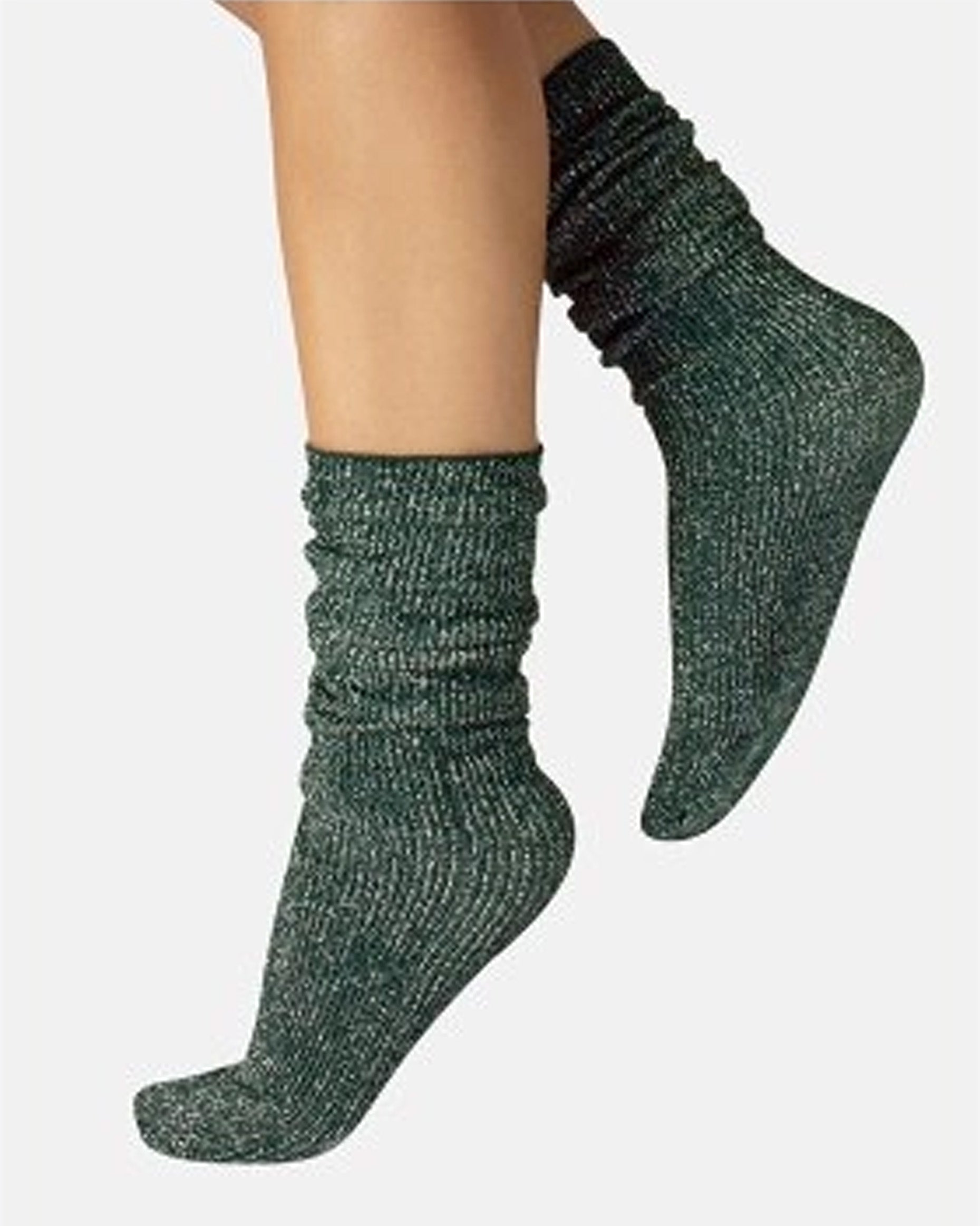 Calzitaly Glitter Rib Sock - Dark green opaque scrunched down ankle fashion ribbed socks with silver lamé