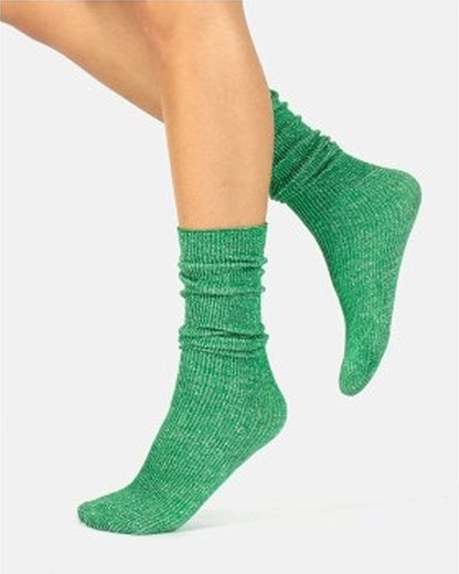 Calzitaly Glitter Rib Sock - Kelly green opaque scrunched down ankle fashion ribbed socks with silver lamé