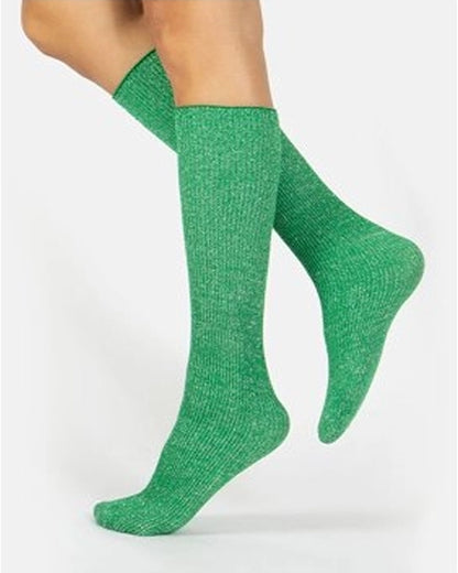 Calzitaly Glitter Rib Sock - Kelly green opaque knee-high fashion ribbed socks with silver lamé