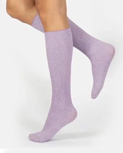 Calzitaly Glitter Rib Sock - Lilac opaque knee-high fashion ribbed socks with silver lamé