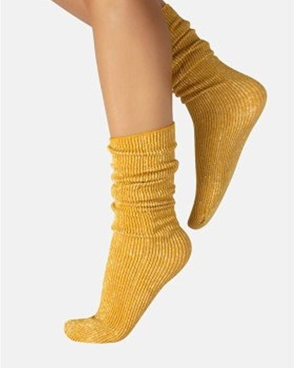 Calzitaly Glitter Rib Sock - Mustard opaque scrunched down ankle fashion ribbed socks with silver lamé