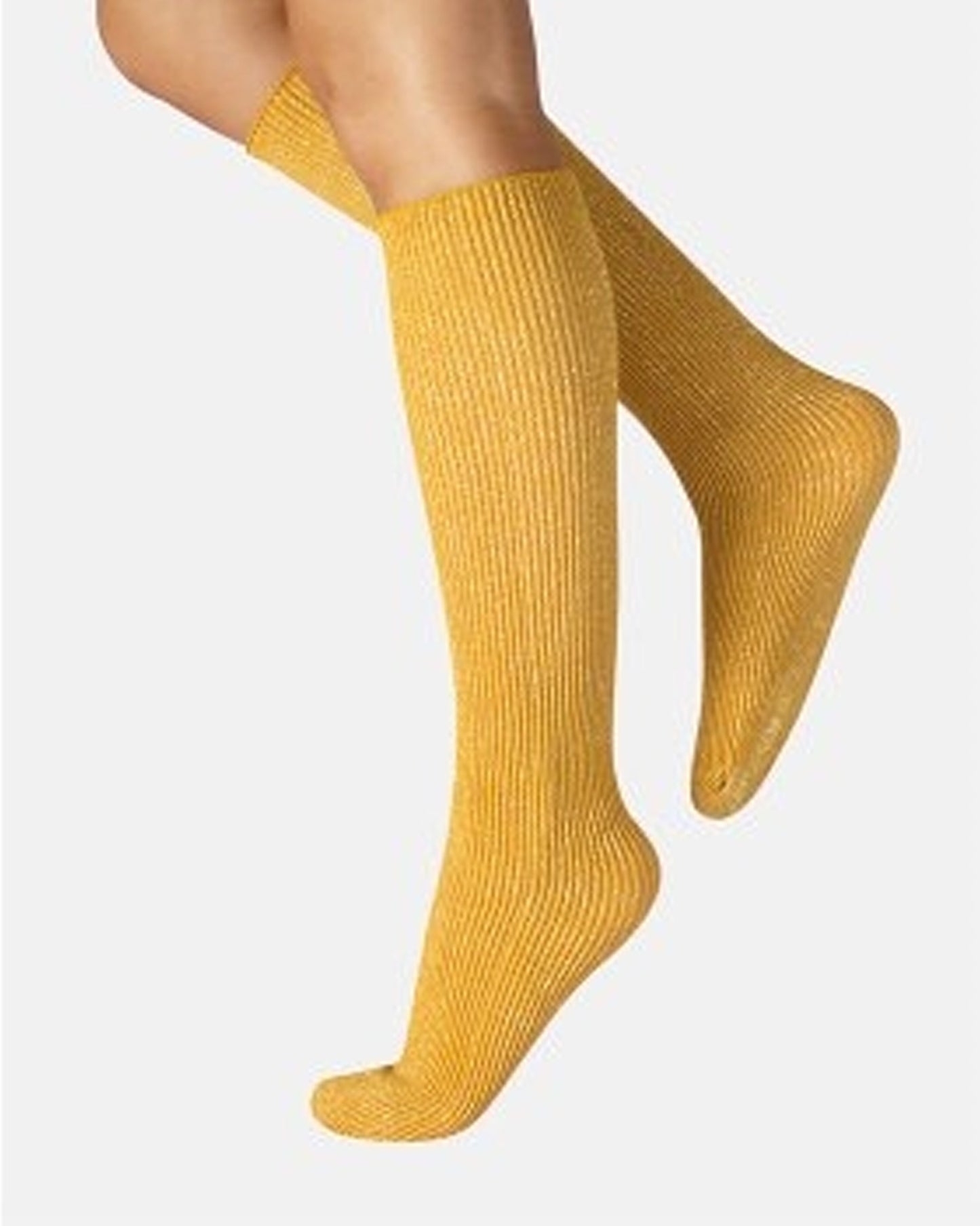 Calzitaly Glitter Rib Sock - Mustard opaque knee-high fashion ribbed socks with silver lamé