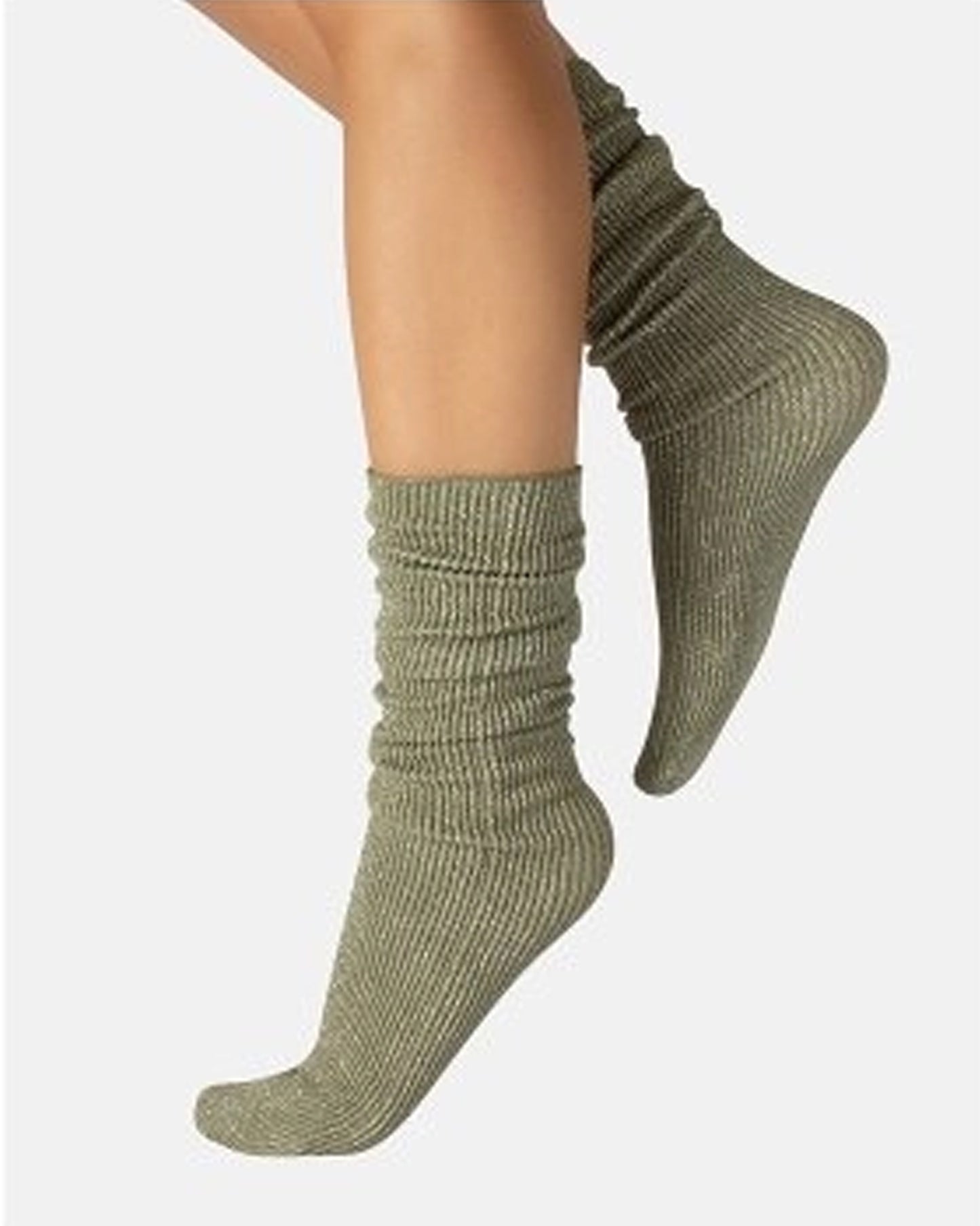 Calzitaly Glitter Rib Sock - Olive/khaki green opaque scrunched down ankle fashion ribbed socks with silver lamé