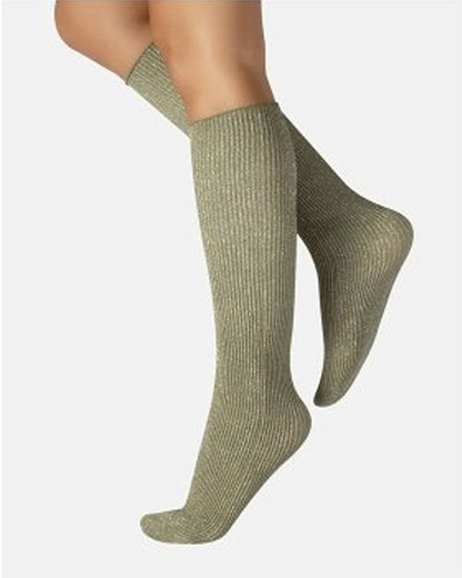 Calzitaly Glitter Rib Sock - Olive/khaki green opaque knee-high fashion ribbed socks with silver lamé