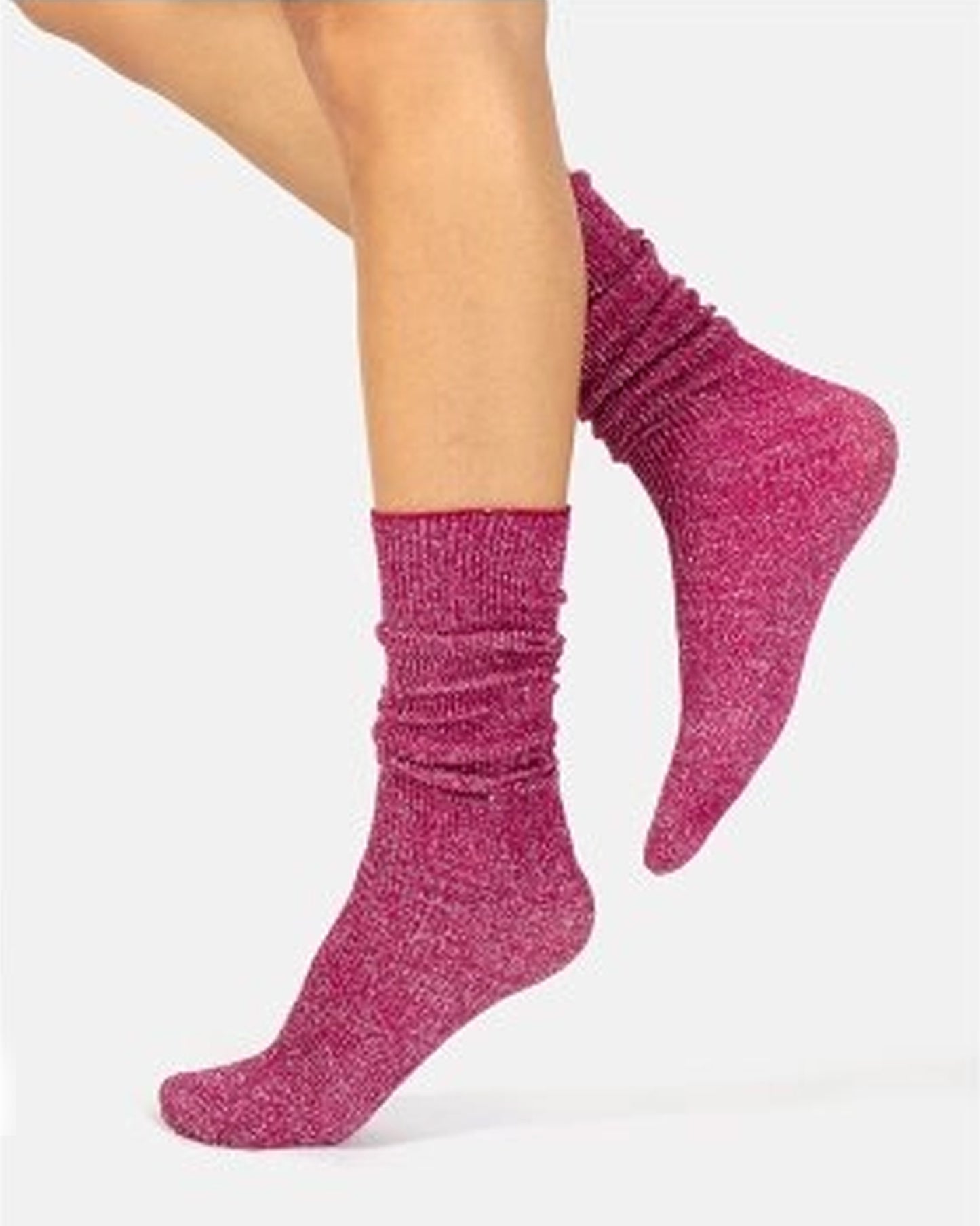 Calzitaly Glitter Rib Sock - Dark pink opaque scrunched down ankle fashion ribbed socks with silver lamé