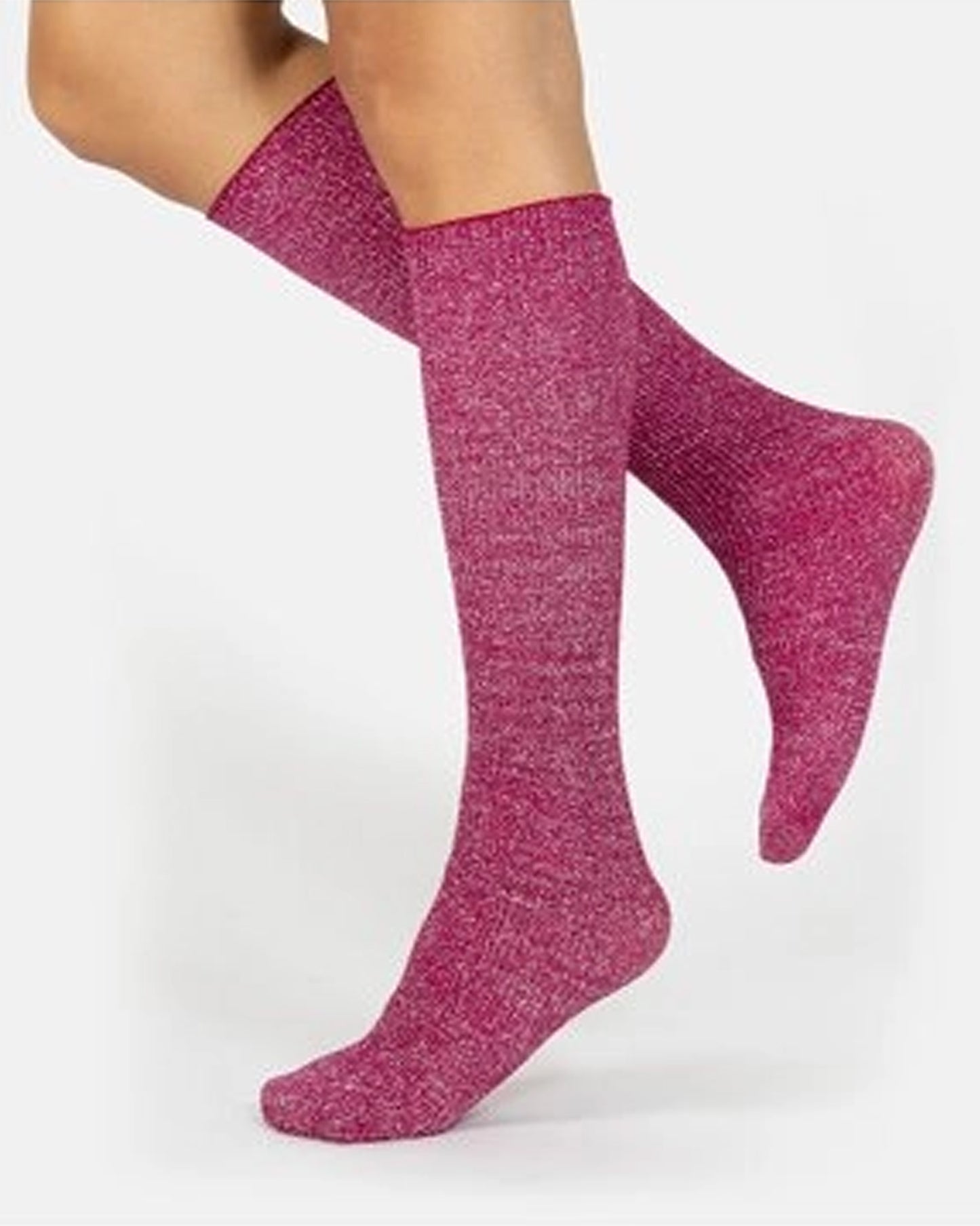 Calzitaly Glitter Rib Sock - Dark pink opaque knee-high ribbed socks with silver lamé