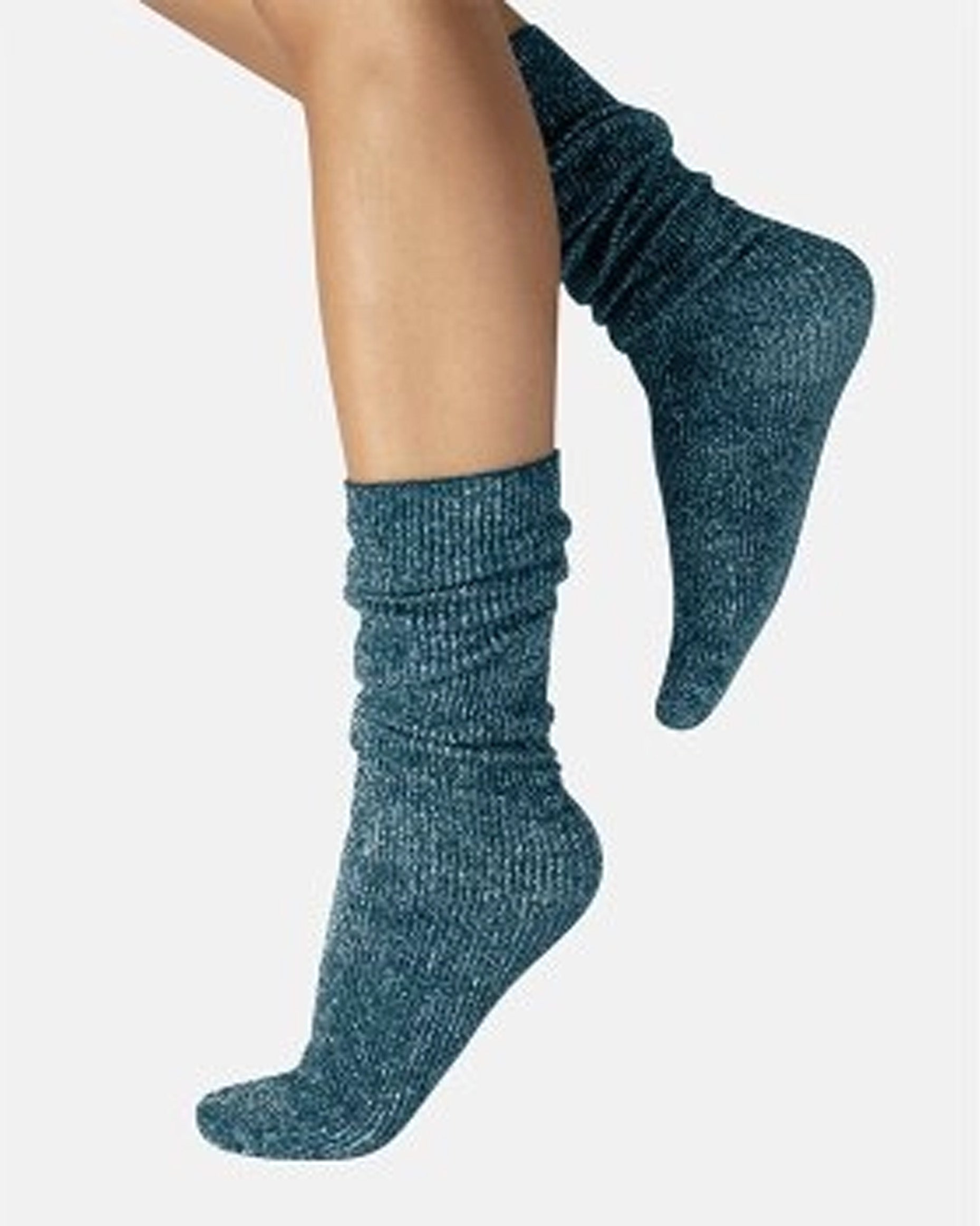 Calzitaly Glitter Rib Sock - Teal opaque scrunched down ankle fashion ribbed socks with silver lamé