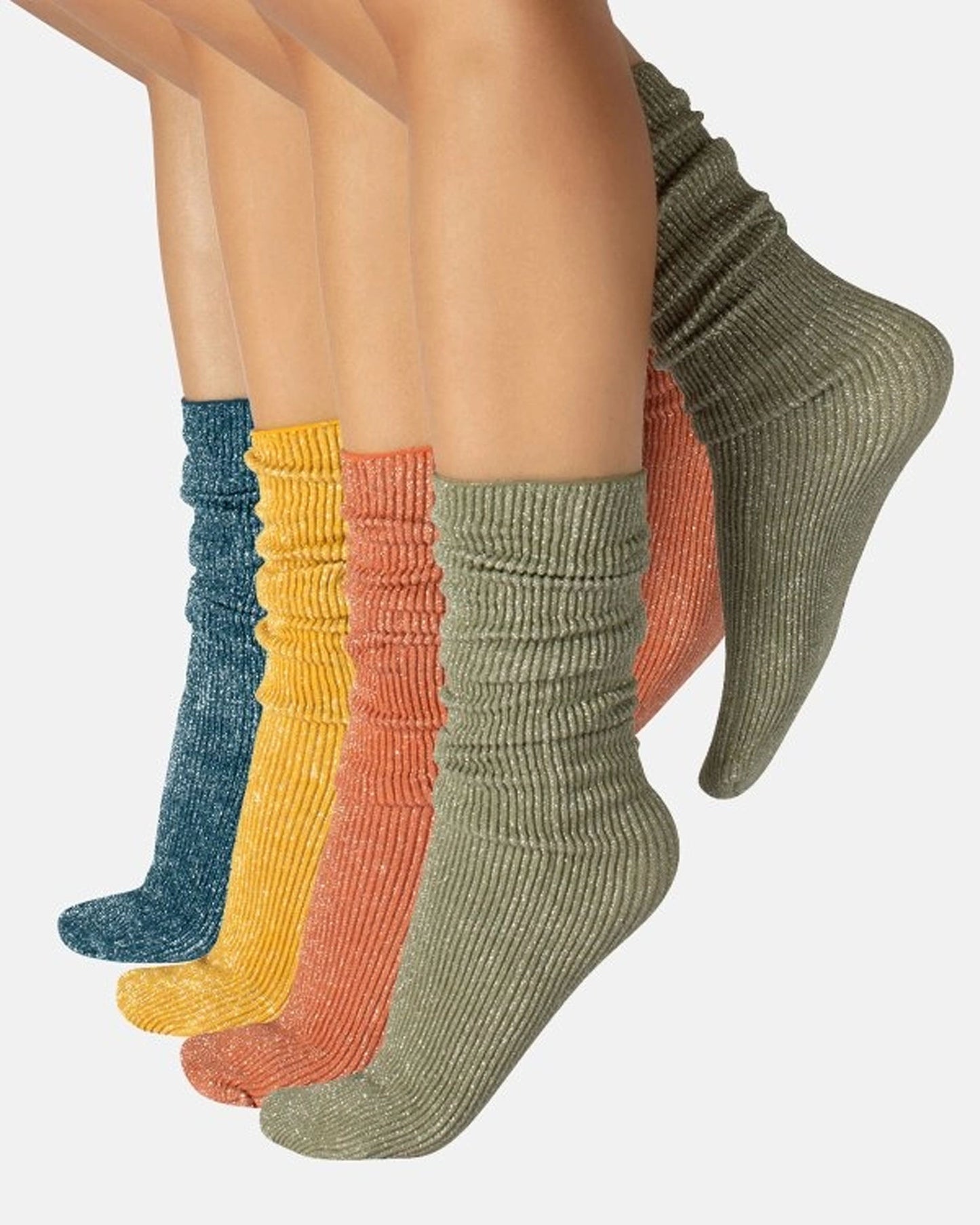 Calzitaly Glitter Rib Sock - Opaque scrunched down ankle fashion ribbed socks with silver lamé in teal, mustard, orange and olive khaki green