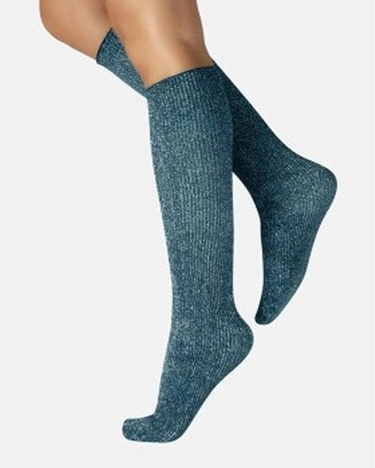 Calzitaly Glitter Rib Sock - Teal opaque knee-high fashion ribbed socks with silver lamé