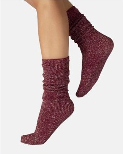 Calzitaly Glitter Rib Sock - Wine opaque scrunched down ankle fashion ribbed socks with silver lamé