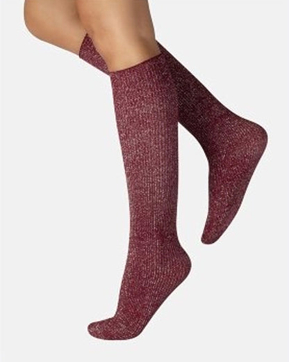 Calzitaly Glitter Rib Sock - Wine opaque knee-high fashion ribbed socks with silver lamé