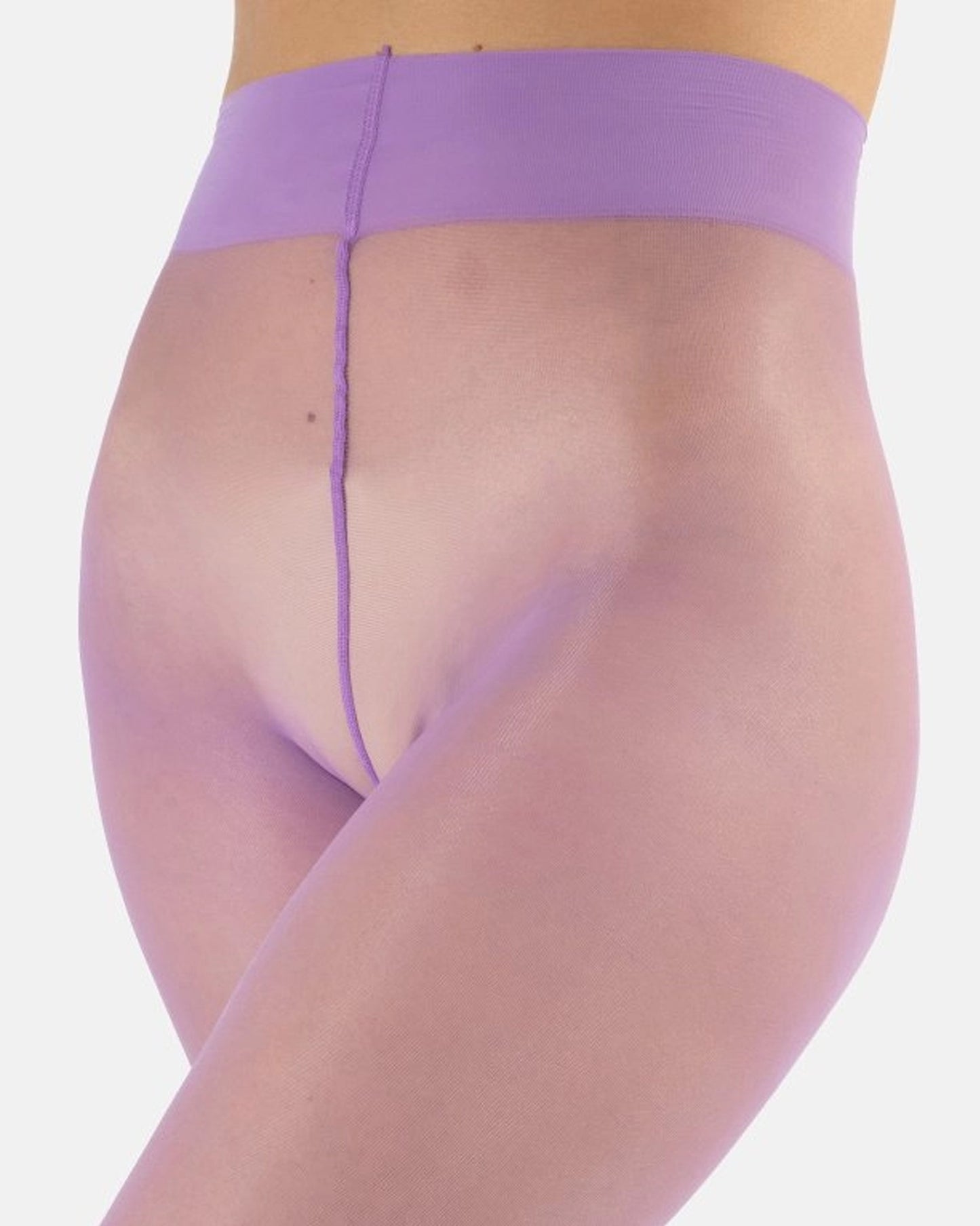 Calzitaly Coloured Sheer Tights - Sheer pastel lilac tights close up detail of waist, with flat seams, cotton hygienic gusset, high waist and deep comfort waist band.