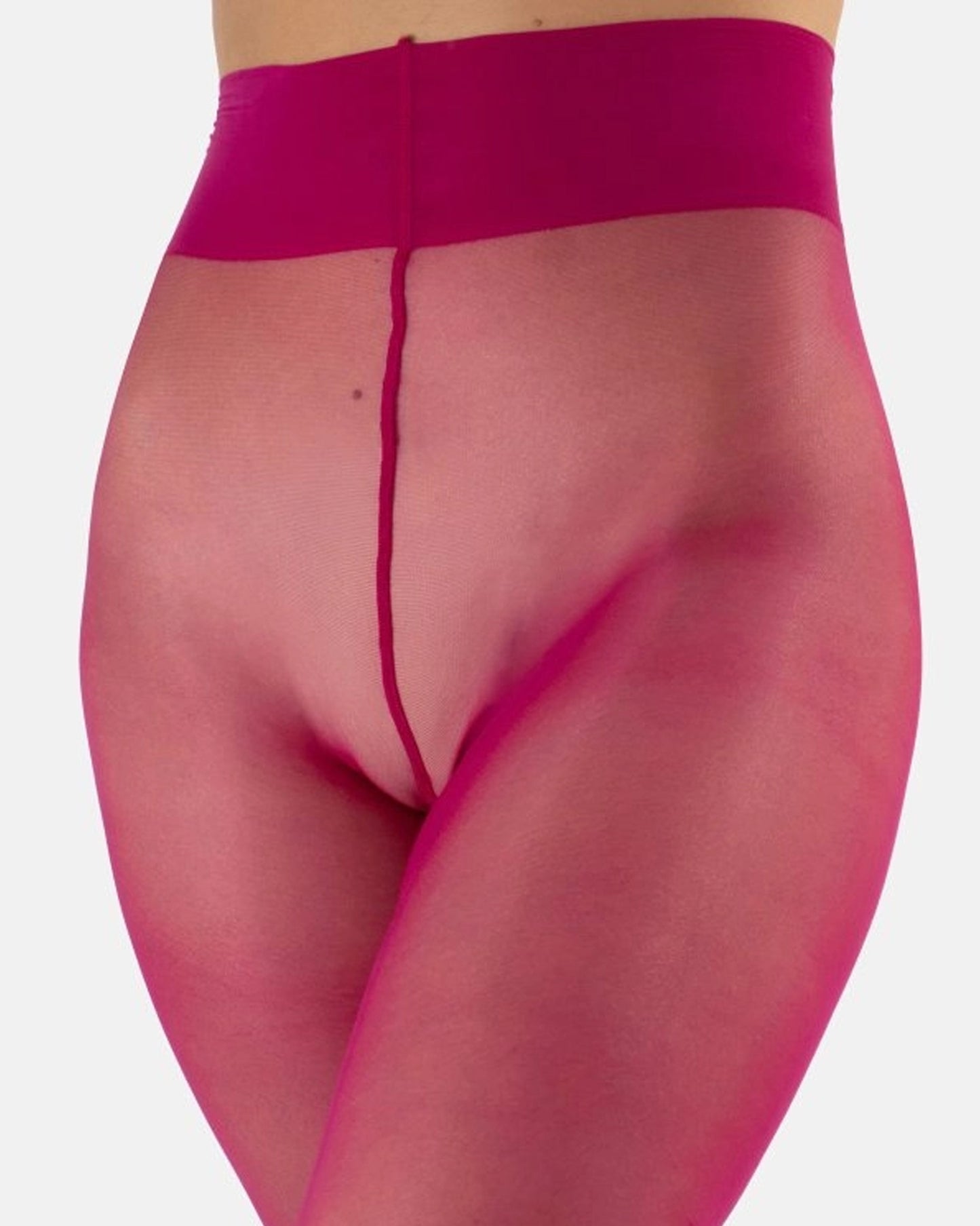 Calzitaly Coloured Sheer Tights - Sheer cerise pink tights close up detail of waist, with flat seams, cotton hygienic gusset, high waist and deep comfort waist band.