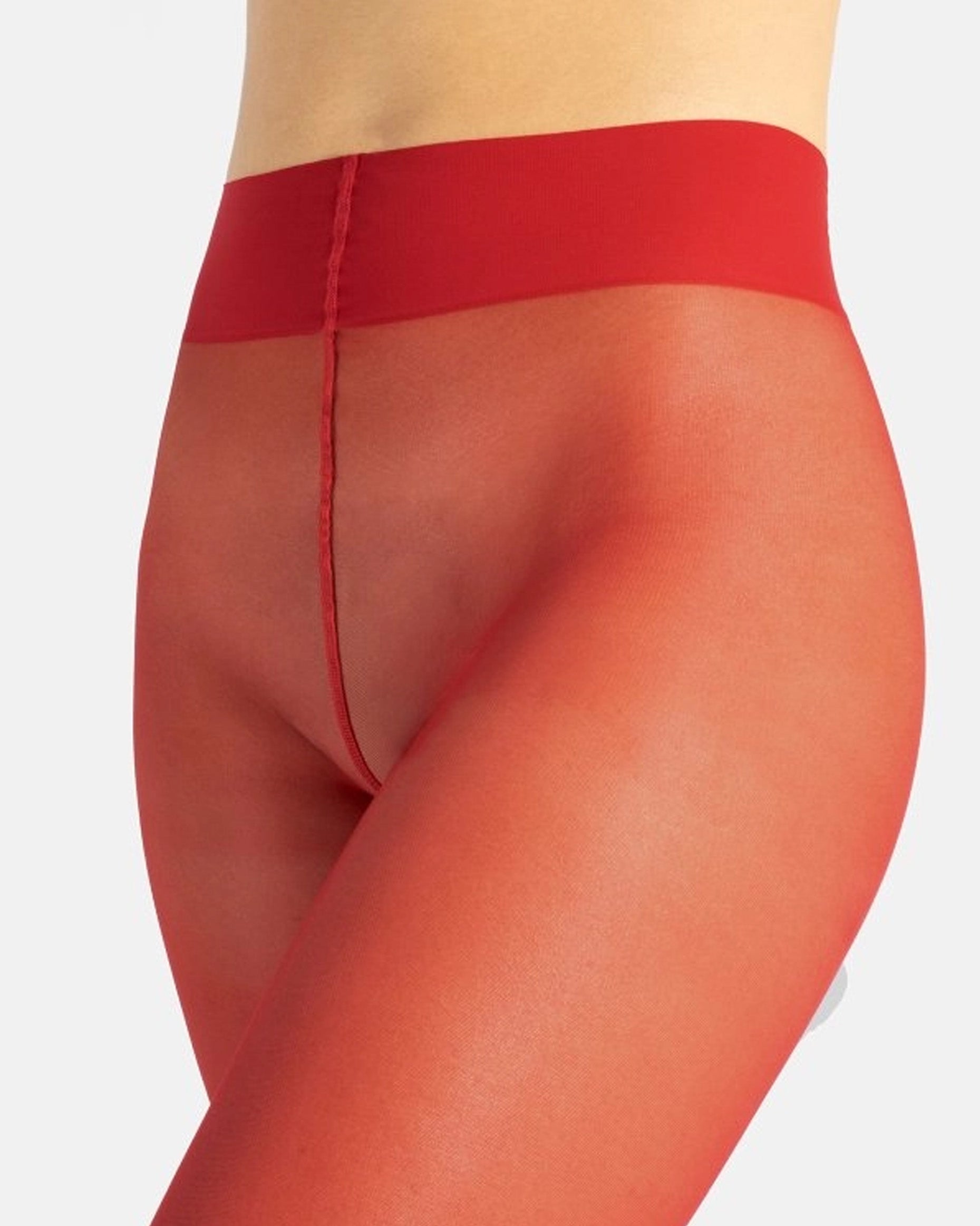 Calzitaly Coloured Sheer Tights - Sheer red (rosso) tights close up detail of waist, with flat seams, cotton hygienic gusset, high waist and deep comfort waist band.