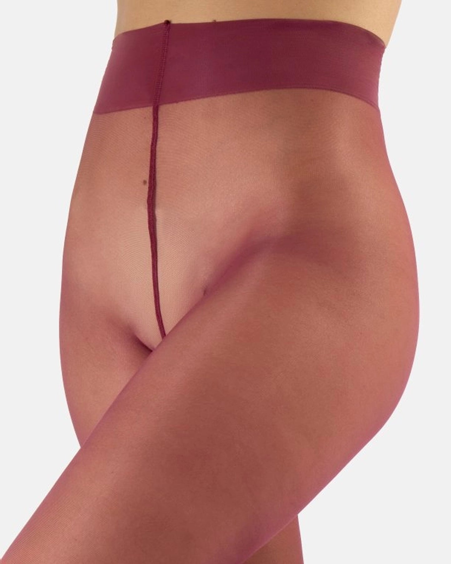 Calzitaly Coloured Sheer Tights - Sheer burgundy wine (vinaccia) tights close up detail of waist, with flat seams, cotton hygienic gusset, high waist and deep comfort waist band.