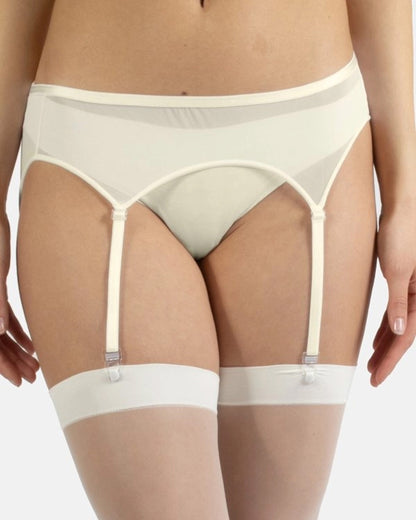 Calzitaly Tulle Suspender Belt - Plain ivory tulle mesh garter belt with a hook and loop closure and adjustable straps.