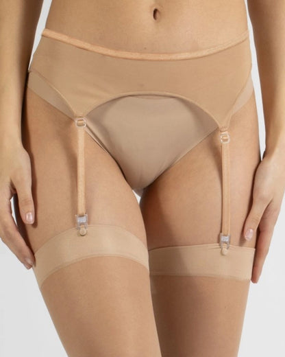 Calzitaly Tulle Suspender Belt - Plain nude tulle mesh garter belt with a hook and loop closure and adjustable straps.