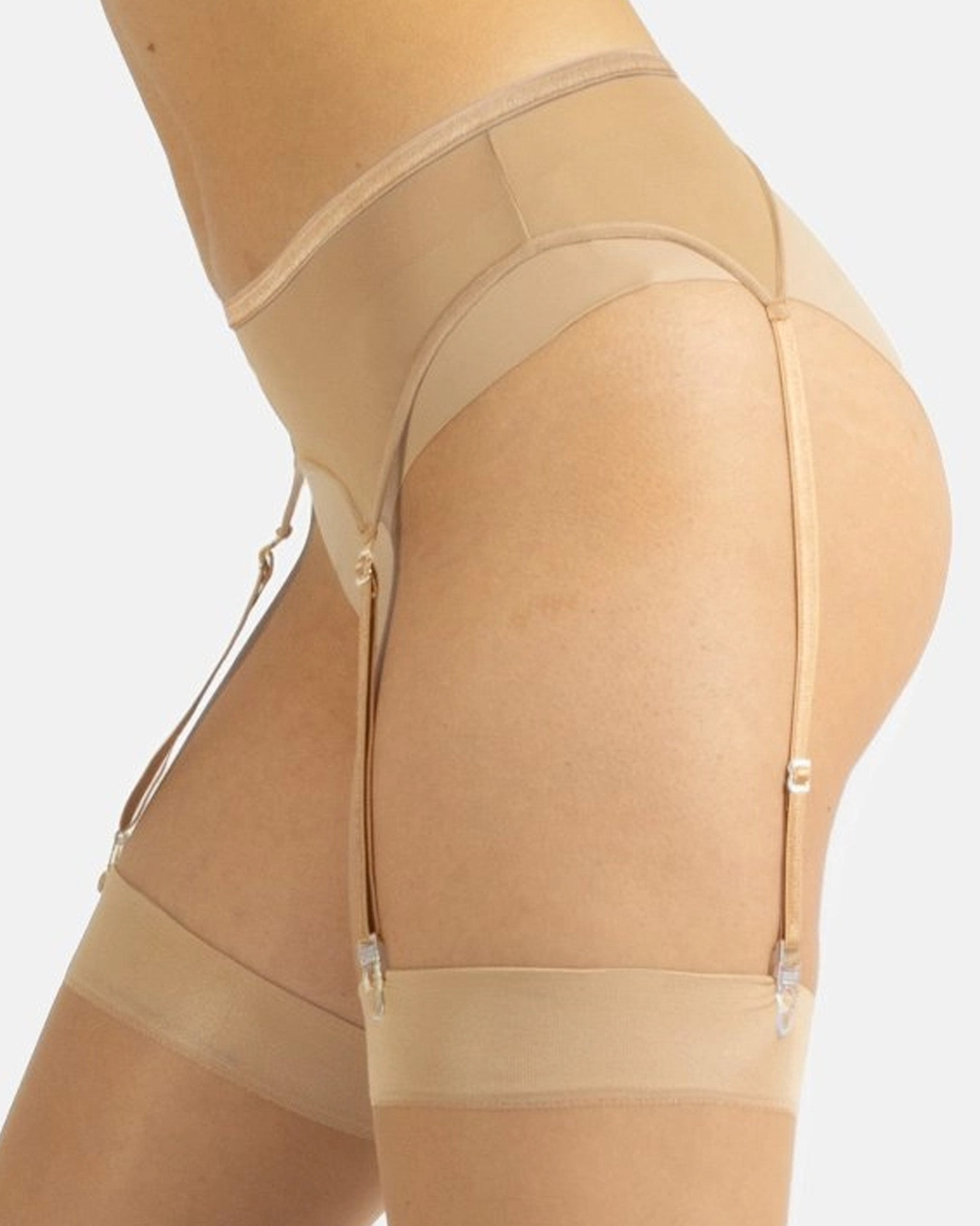 Calzitaly Tulle Suspender Belt - Plain nude tulle mesh garter belt with a hook and loop closure and adjustable straps. Side view.