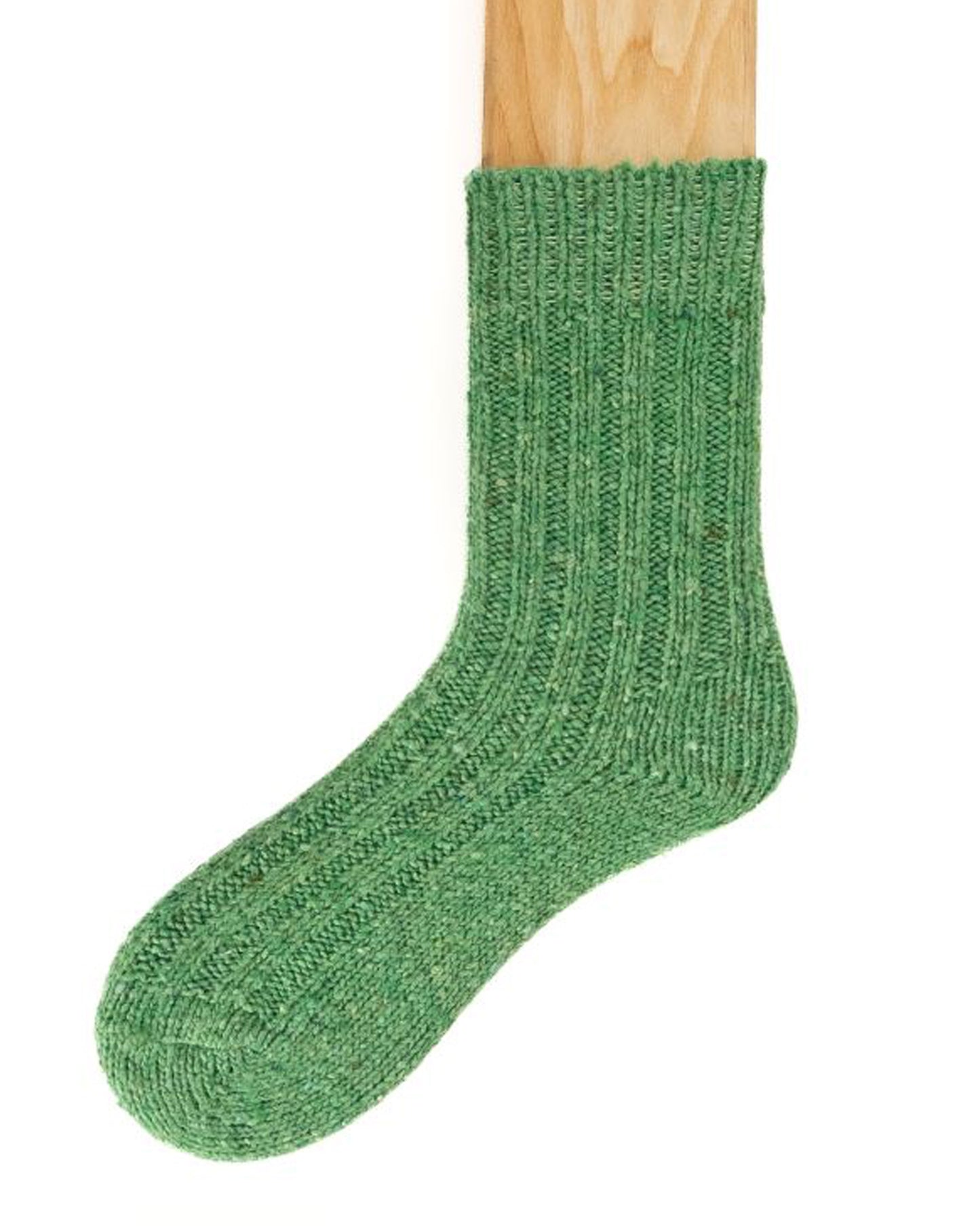 Chunky light green coloured ribbed knitted wool mix ankle socks with plain sole and a fleck throughout. Made in Ireland by Connemara Socks.